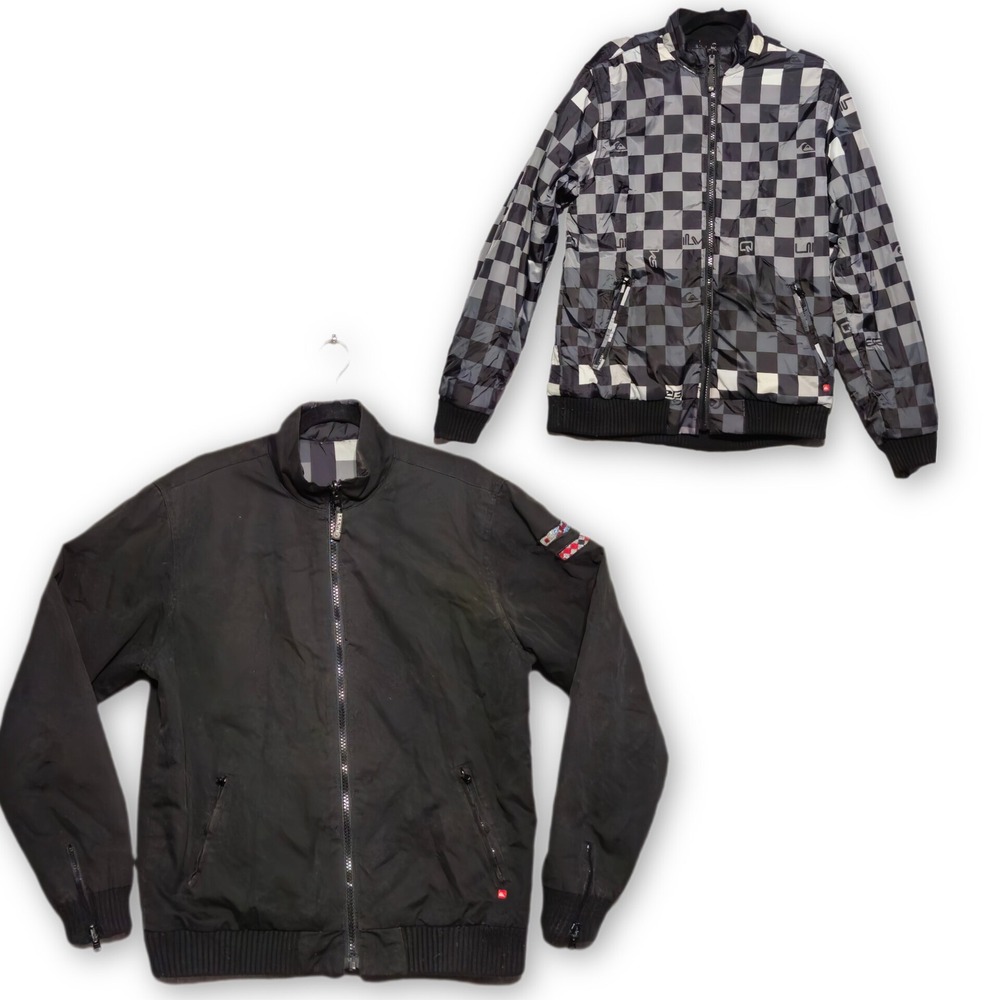 Vintage Quiksilver Reversible Bomber Jacket Mens L Black Grey Checkered Full Zip